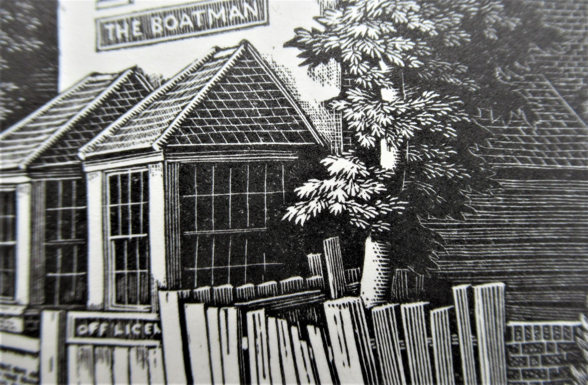 Original wood engraving print by George Mackley, The Boatman Inn, engraved c1969