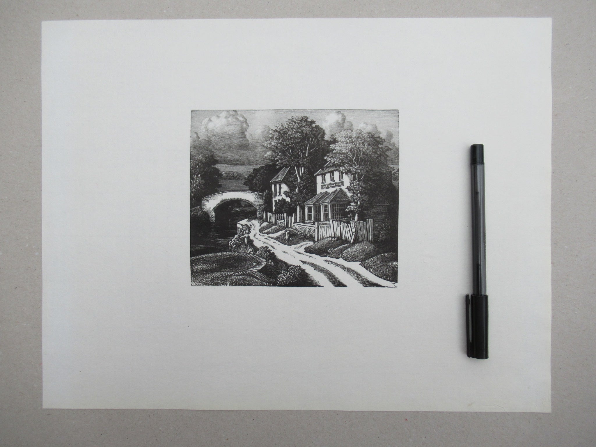 Original wood engraving print by George Mackley, The Boatman Inn, engraved c1969