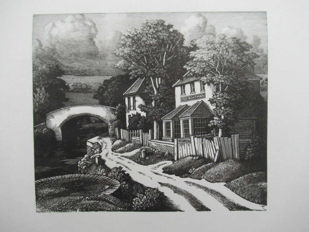 Original wood engraving print by George Mackley, The Boatman Inn, engraved c1969