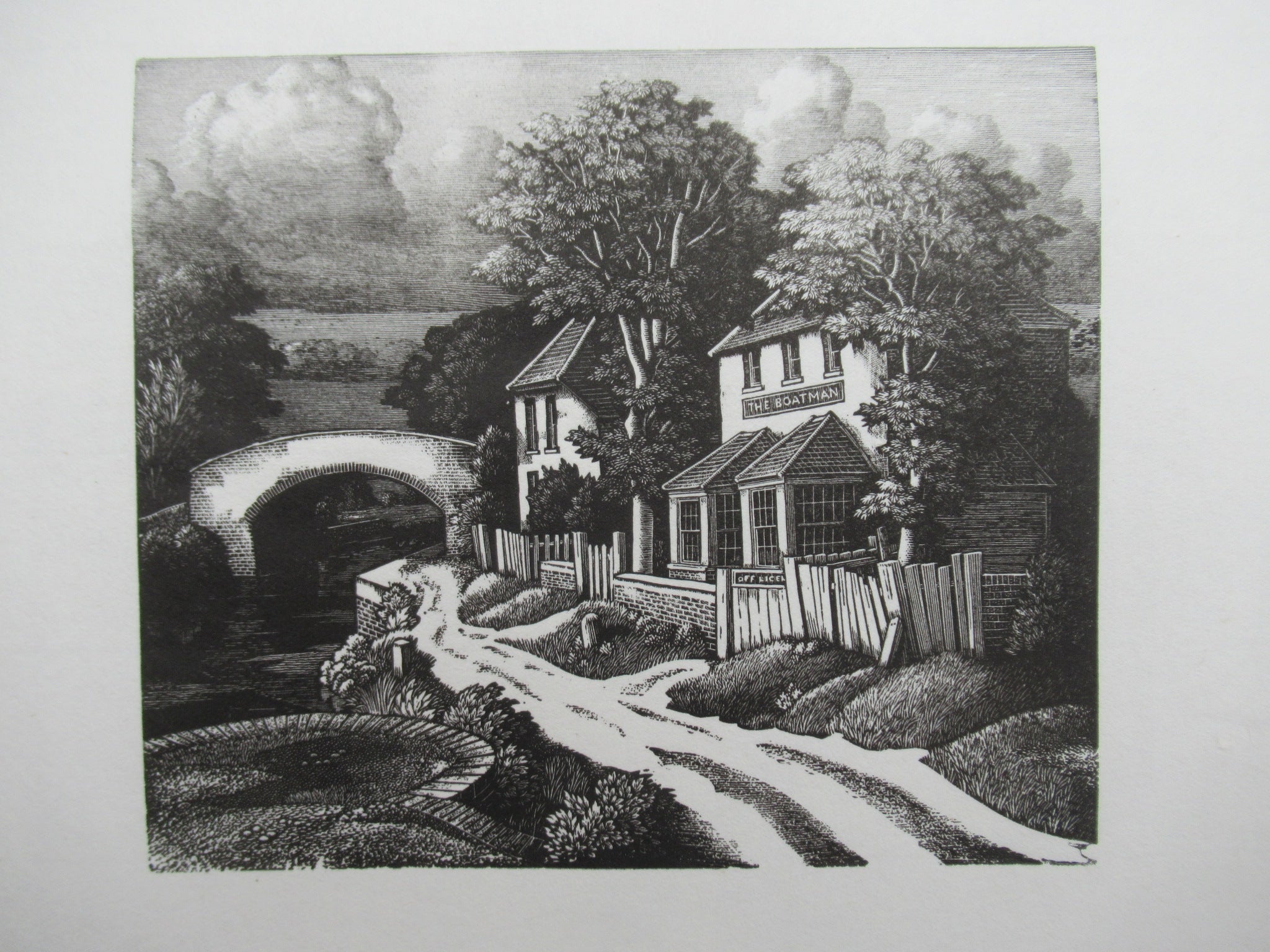 Original wood engraving print by George Mackley, The Boatman Inn, engraved c1969
