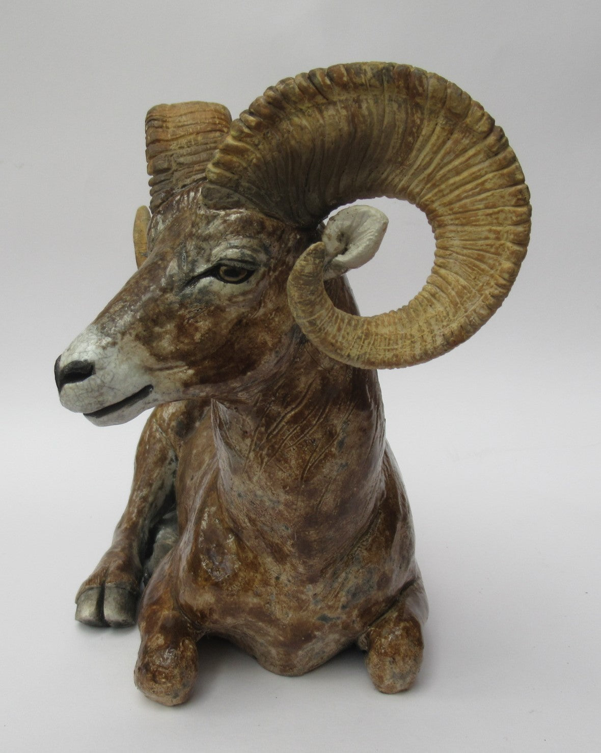 Nick Mackman raku fired sculpture of a Bighorn Ram, c2000