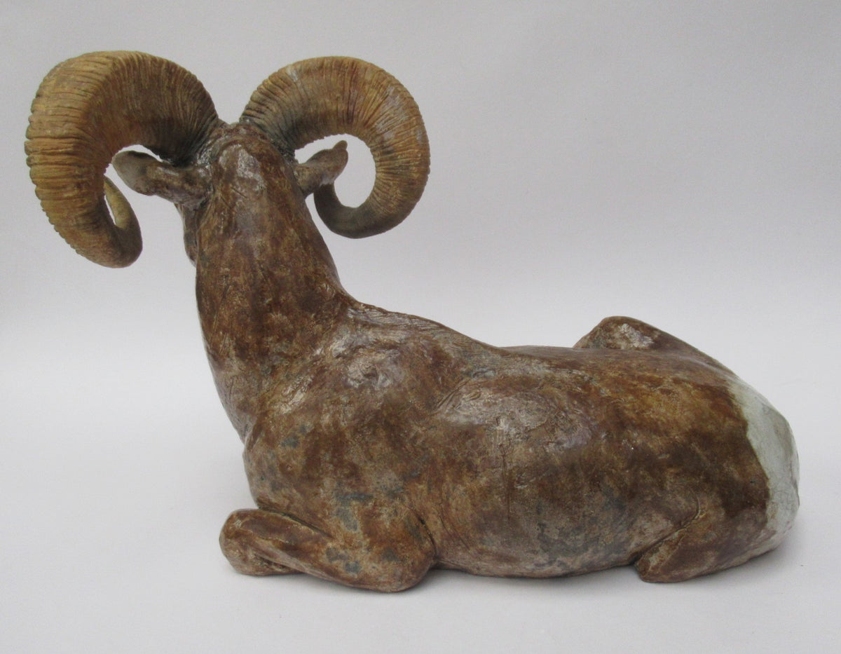 Nick Mackman raku fired sculpture of a Bighorn Ram, c2000