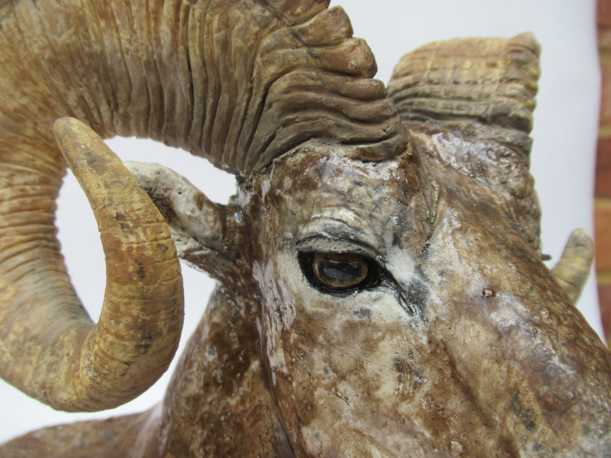 Nick Mackman raku fired sculpture of a Bighorn Ram, c2000