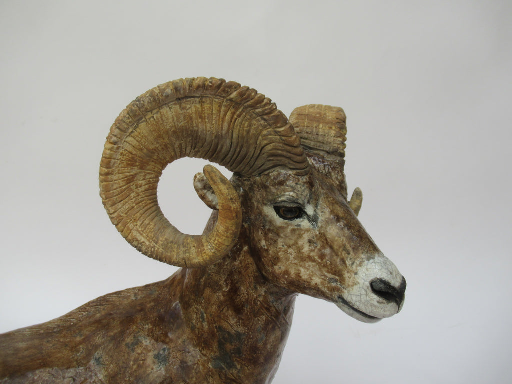 Nick Mackman raku fired sculpture of a Bighorn Ram, c2000