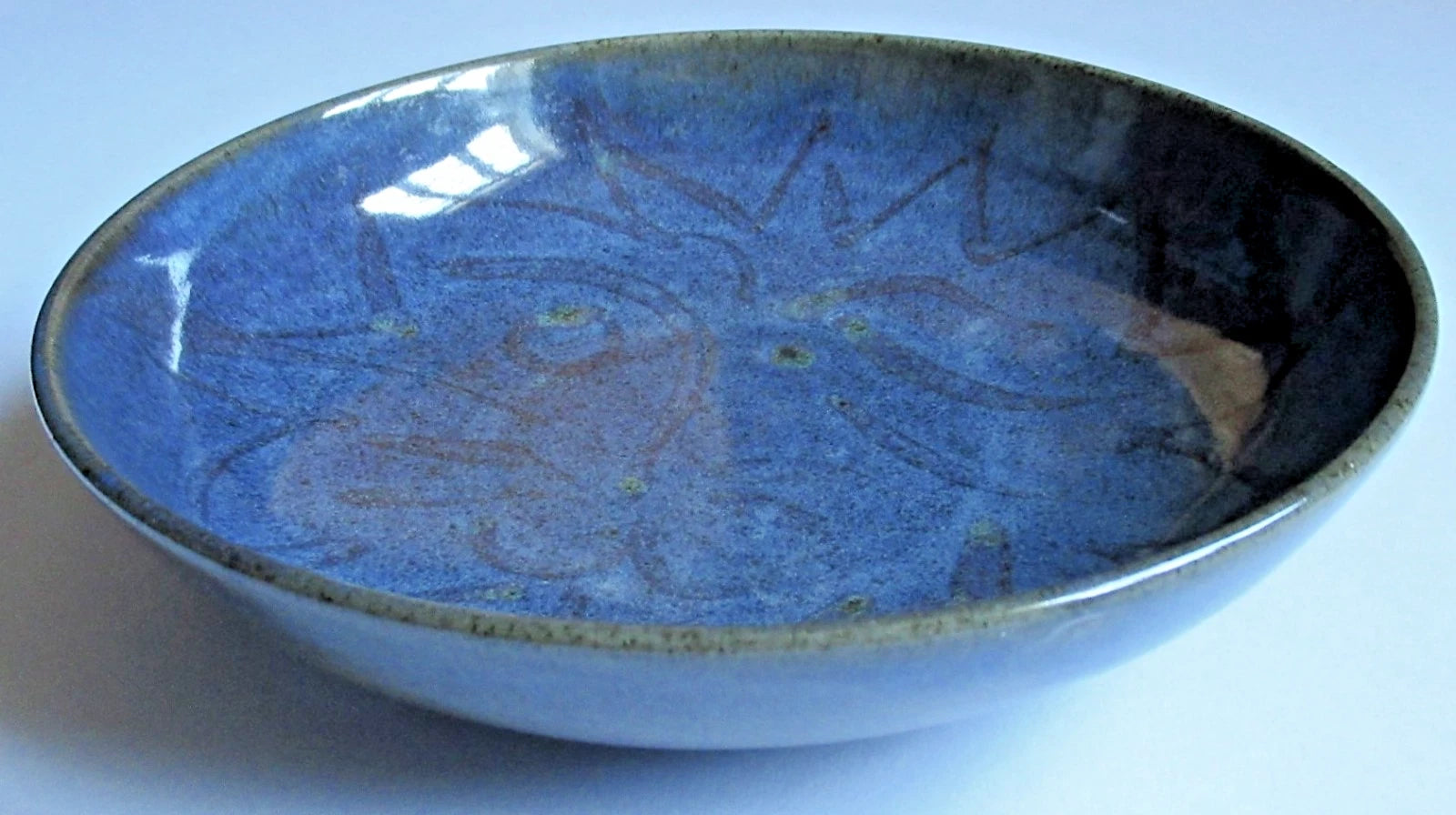 Reginald Marlow, vintage studio pottery dish, Chun glaze with lion's head, c1945
