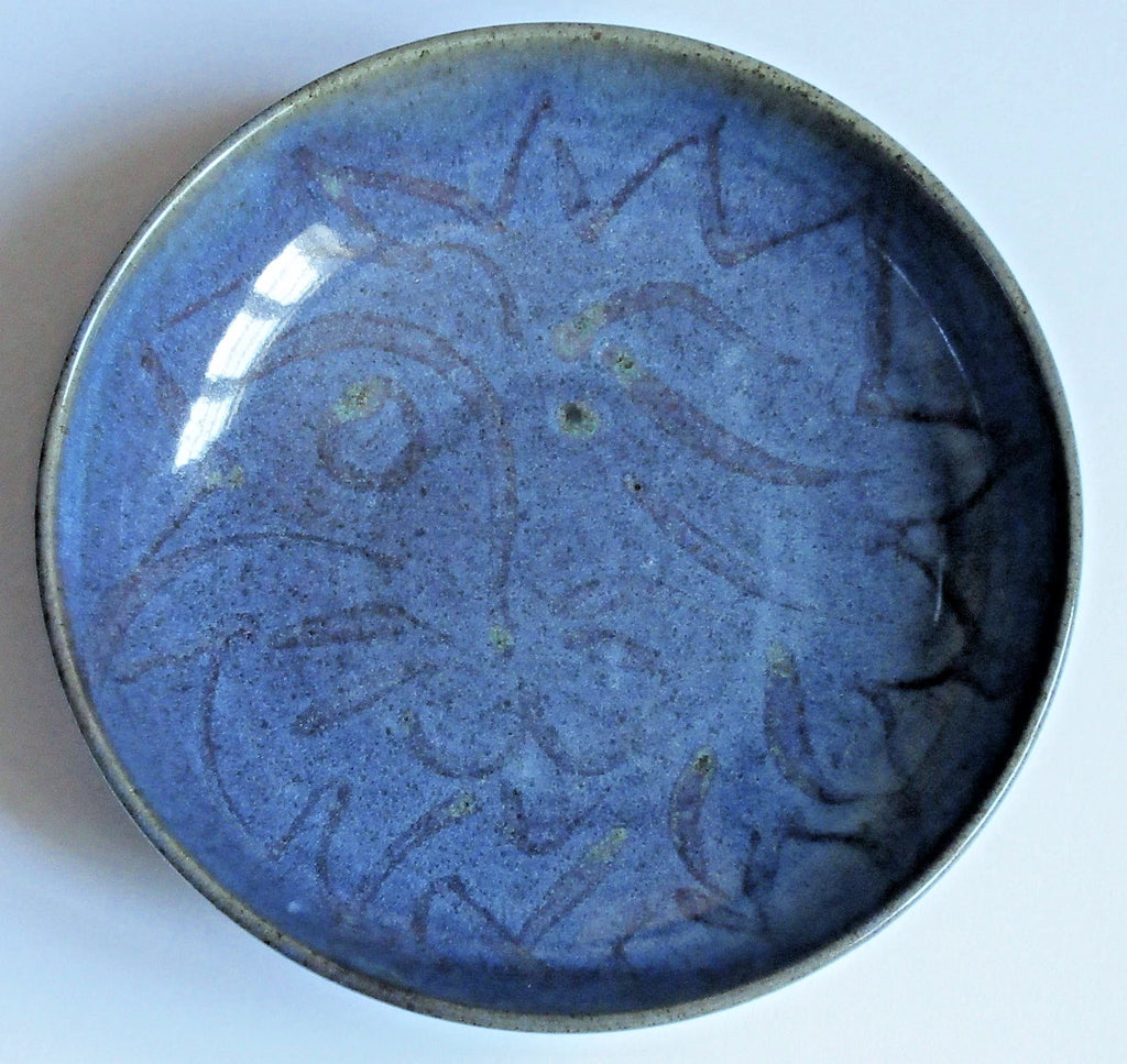Reginald Marlow, vintage studio pottery dish, Chun glaze with lion's head, c1945