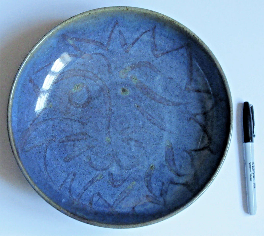 Reginald Marlow, vintage studio pottery dish, Chun glaze with lion's head, c1945