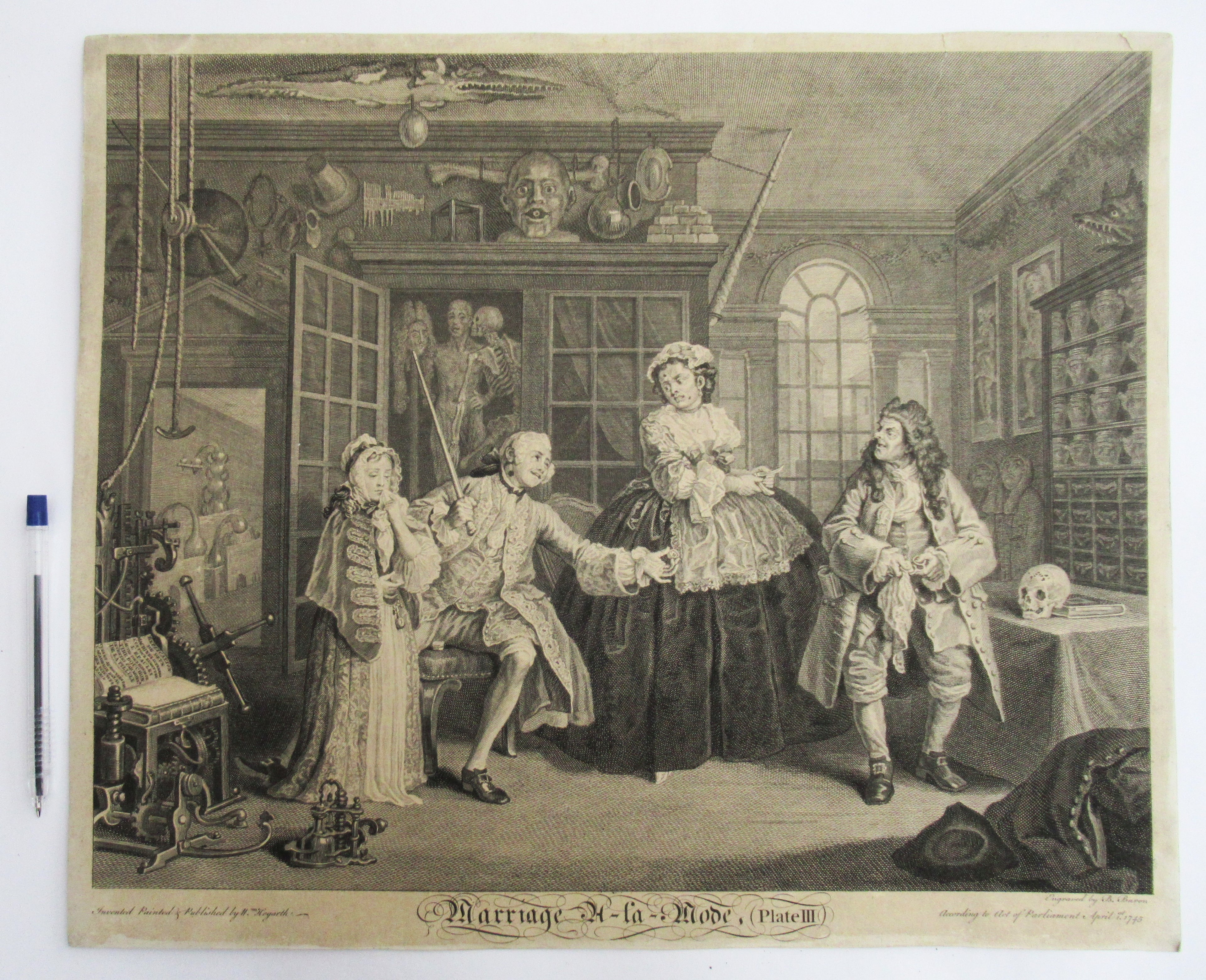 Very rare 1745 first issue print, William Hogarth, Marriage-a-la-Mode  Plate 3