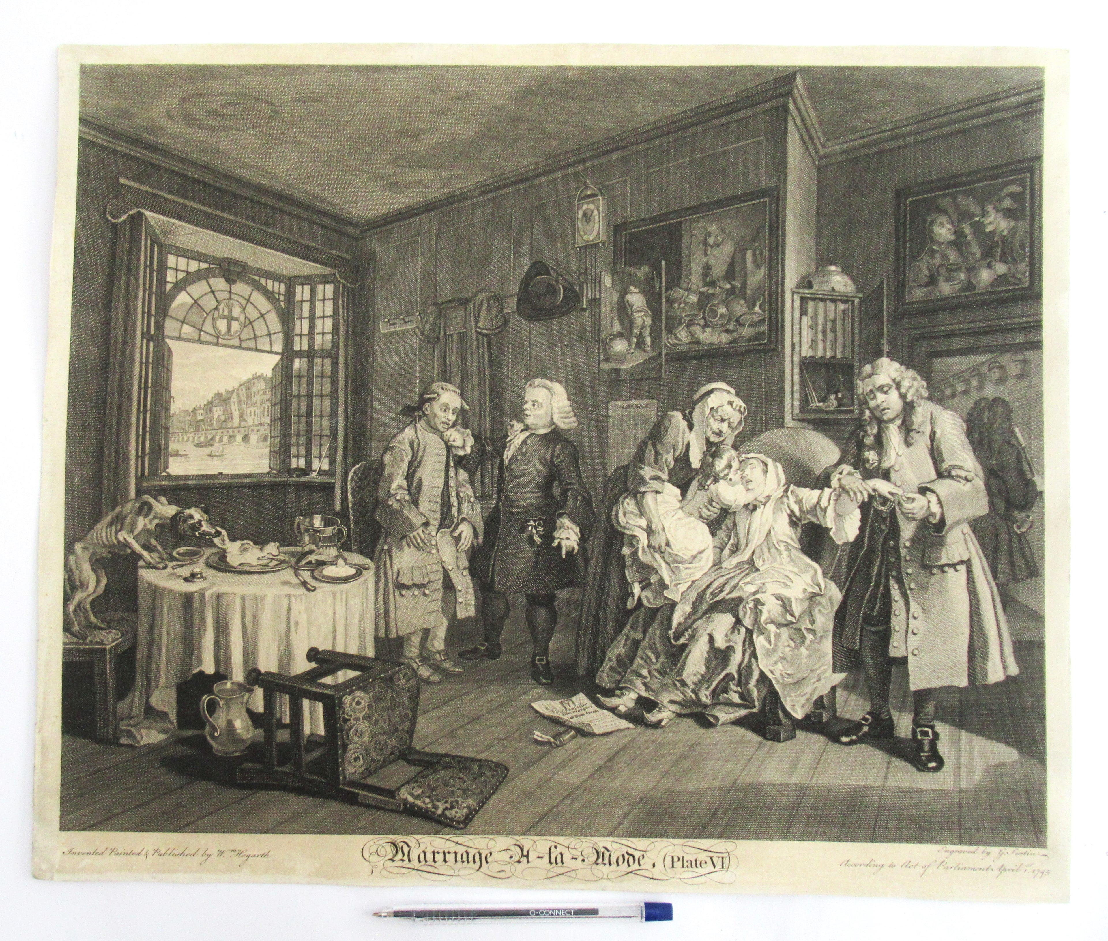 Very rare 1745 first issue print, William Hogarth, Marriage-a-la-Mode  Plate 6