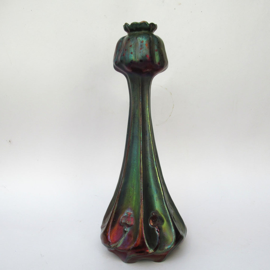 Large Delphin Massier Vallauris Art Nouveau irridescent lustre Poppy  vase c1900