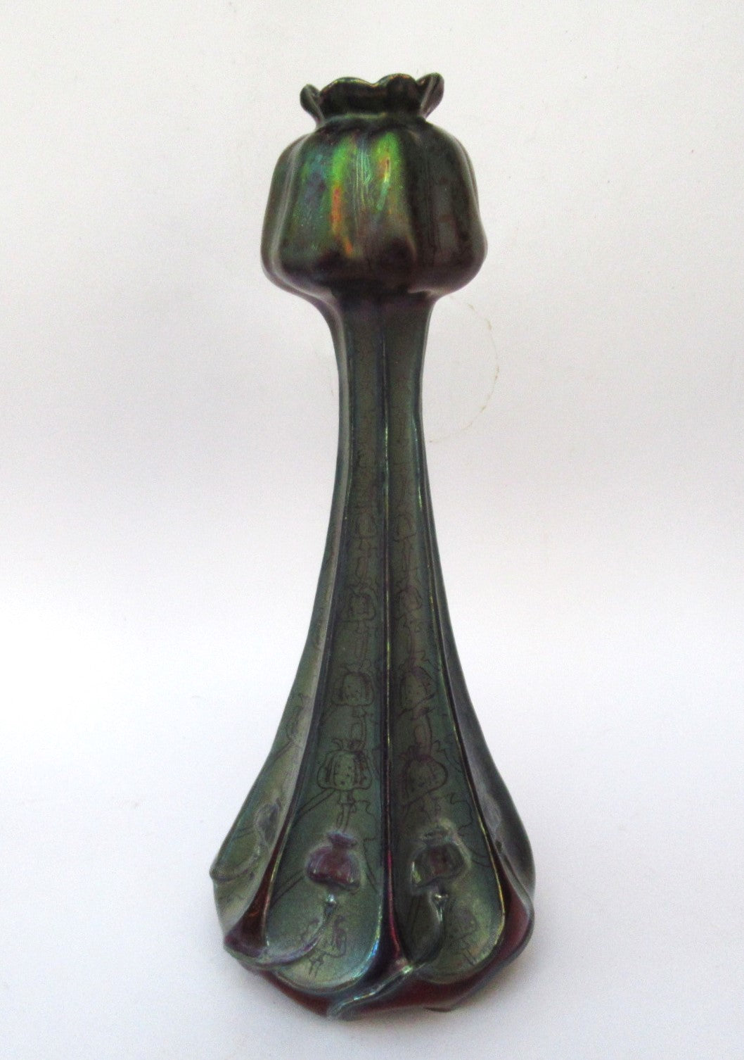 Large Delphin Massier Vallauris Art Nouveau irridescent lustre Poppy  vase c1900