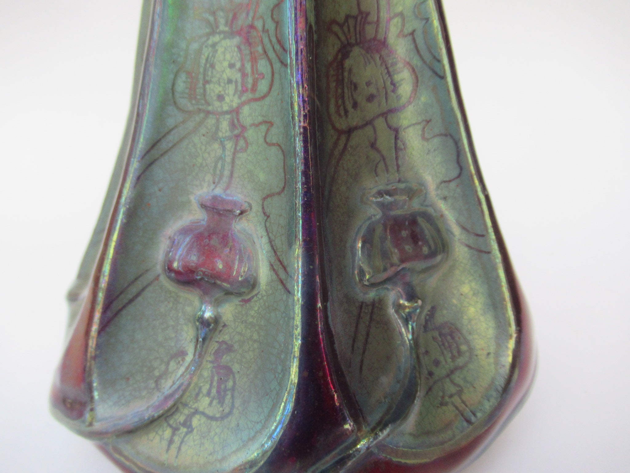 Large Delphin Massier Vallauris Art Nouveau irridescent lustre Poppy  vase c1900