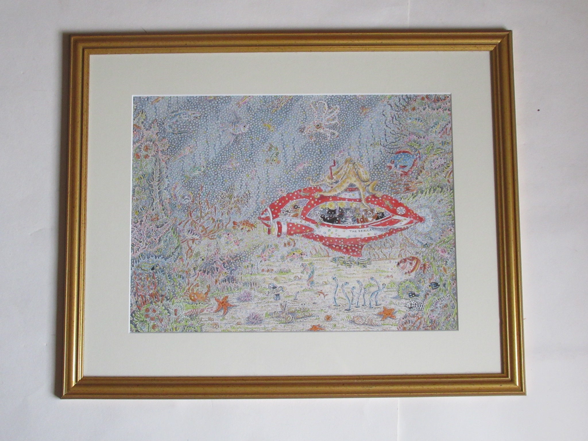 Mim Brown,  Cat Marine, pen ink and watercolour drawing, c1990, framed
