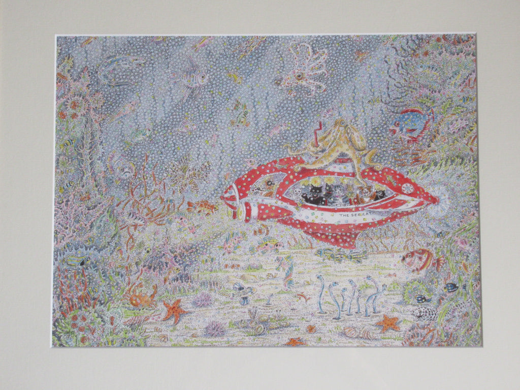 Mim Brown,  Cat Marine, pen ink and watercolour drawing, c1990, framed
