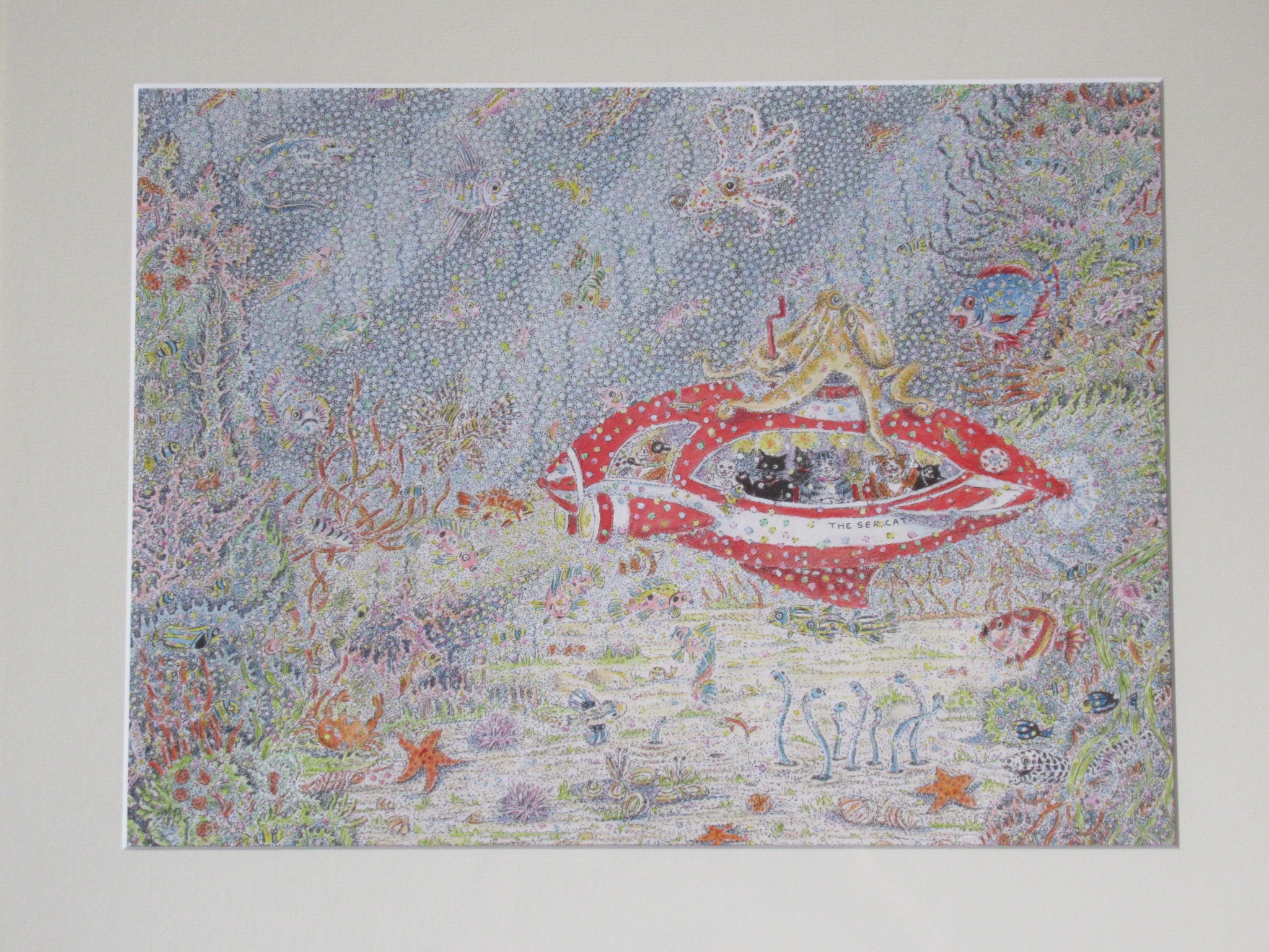 Mim Brown,  Cat Marine, pen ink and watercolour drawing, c1990, framed