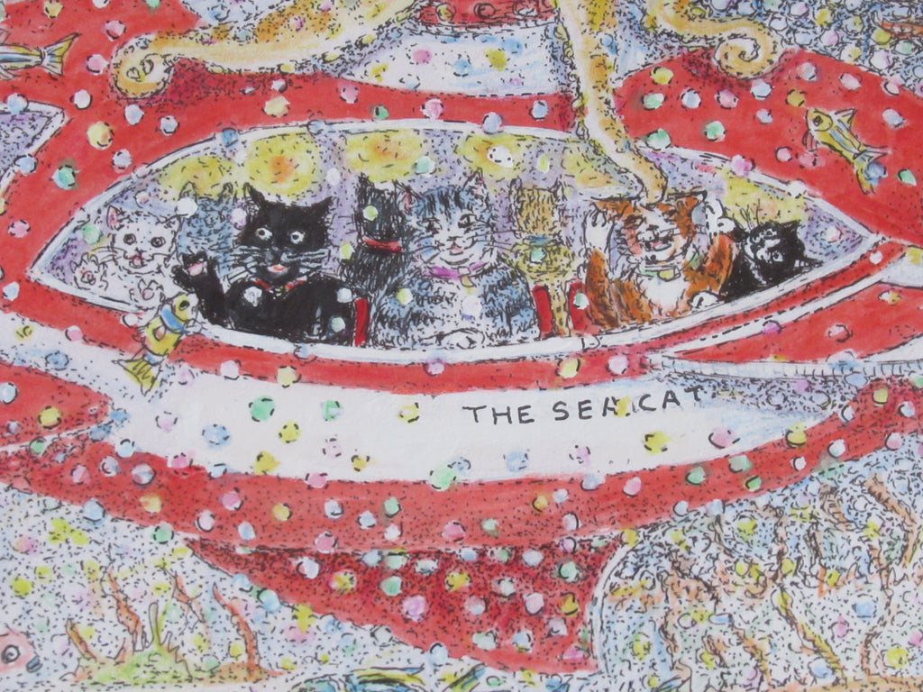 Mim Brown,  Cat Marine, pen ink and watercolour drawing, c1990, framed