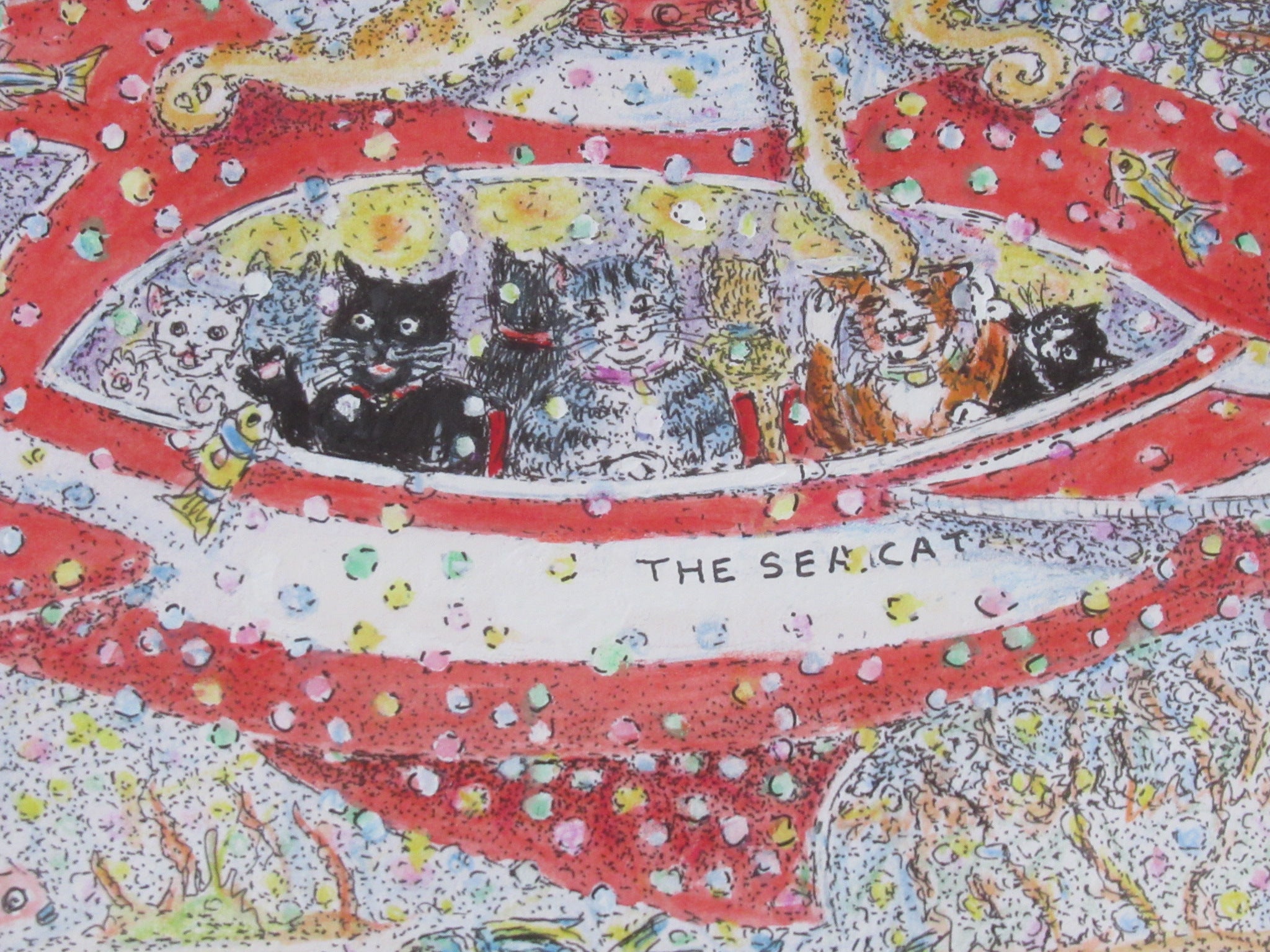 Mim Brown,  Cat Marine, pen ink and watercolour drawing, c1990, framed