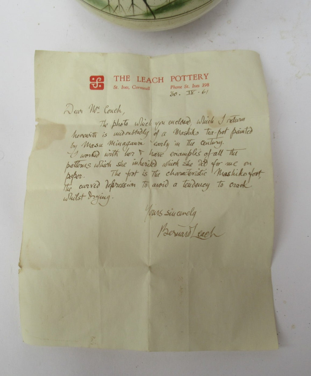 Japanese Mingei Mashiko teapot by Minigawa Masu c1920, with Bernard Leach letter