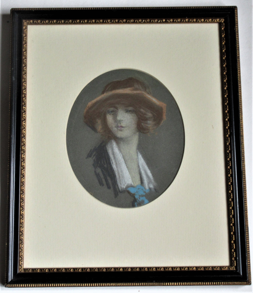 Original  portrait drawing, pastel, Edwardian lady, c1910, framed