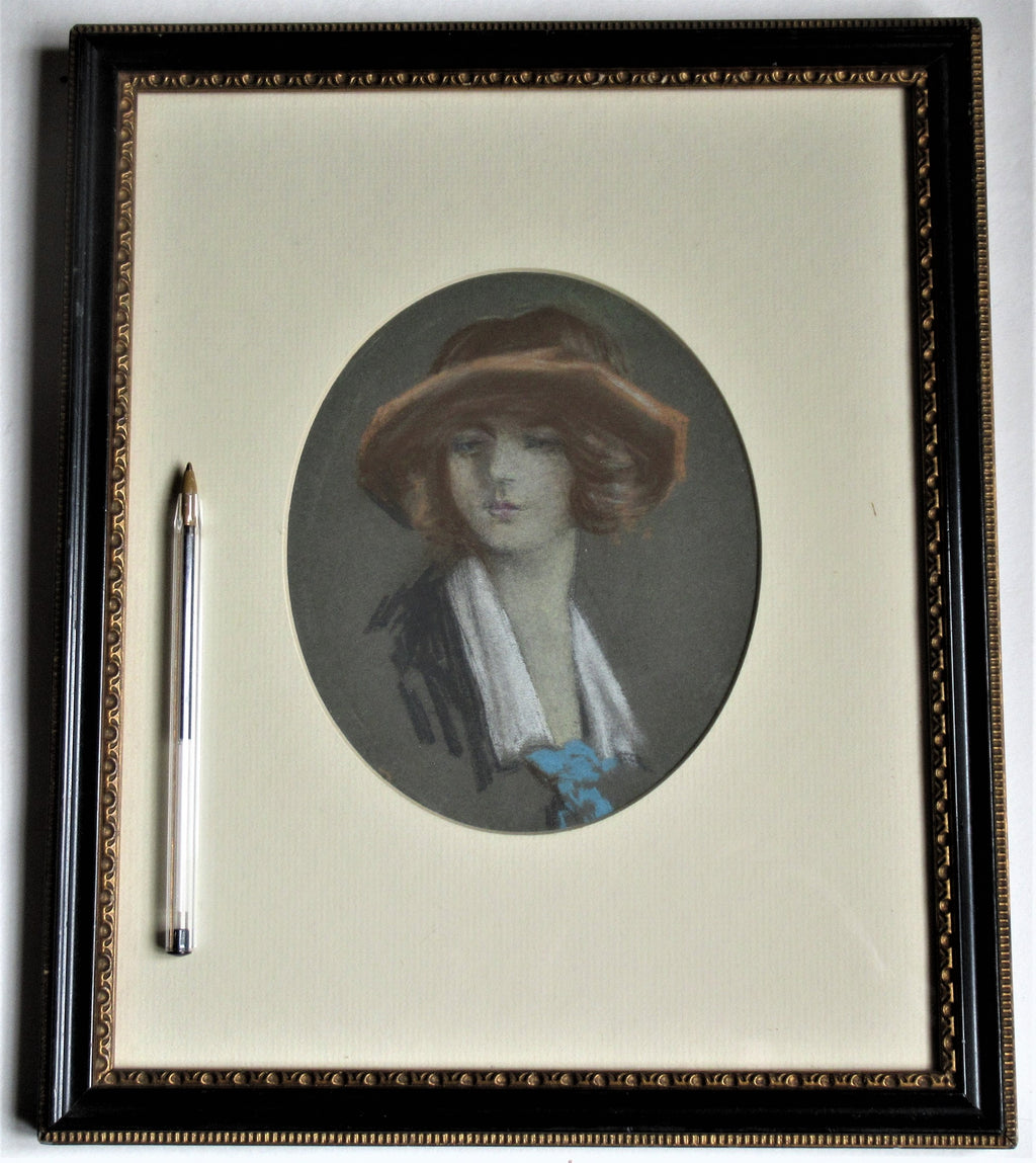 Original  portrait drawing, pastel, Edwardian lady, c1910, framed