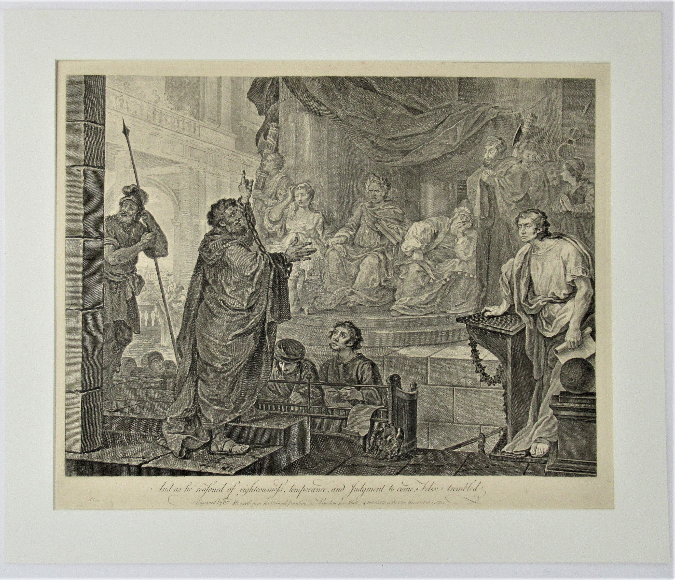 William Hogarth, Paul before Felix, large original print engraved 1752