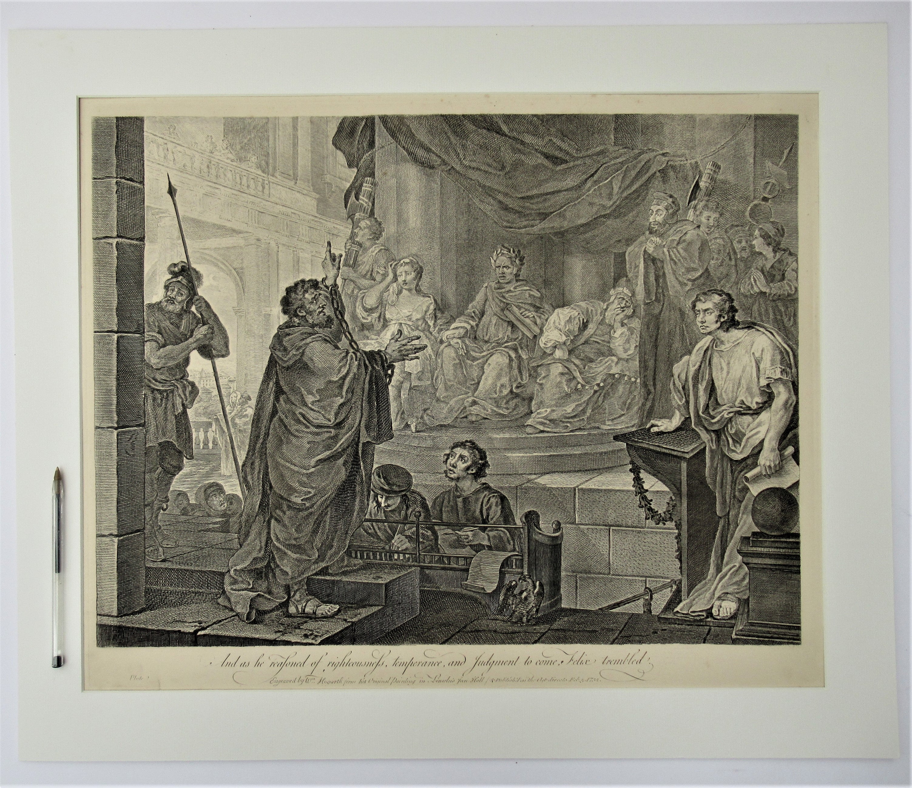 William Hogarth, Paul before Felix, large original print engraved 1752