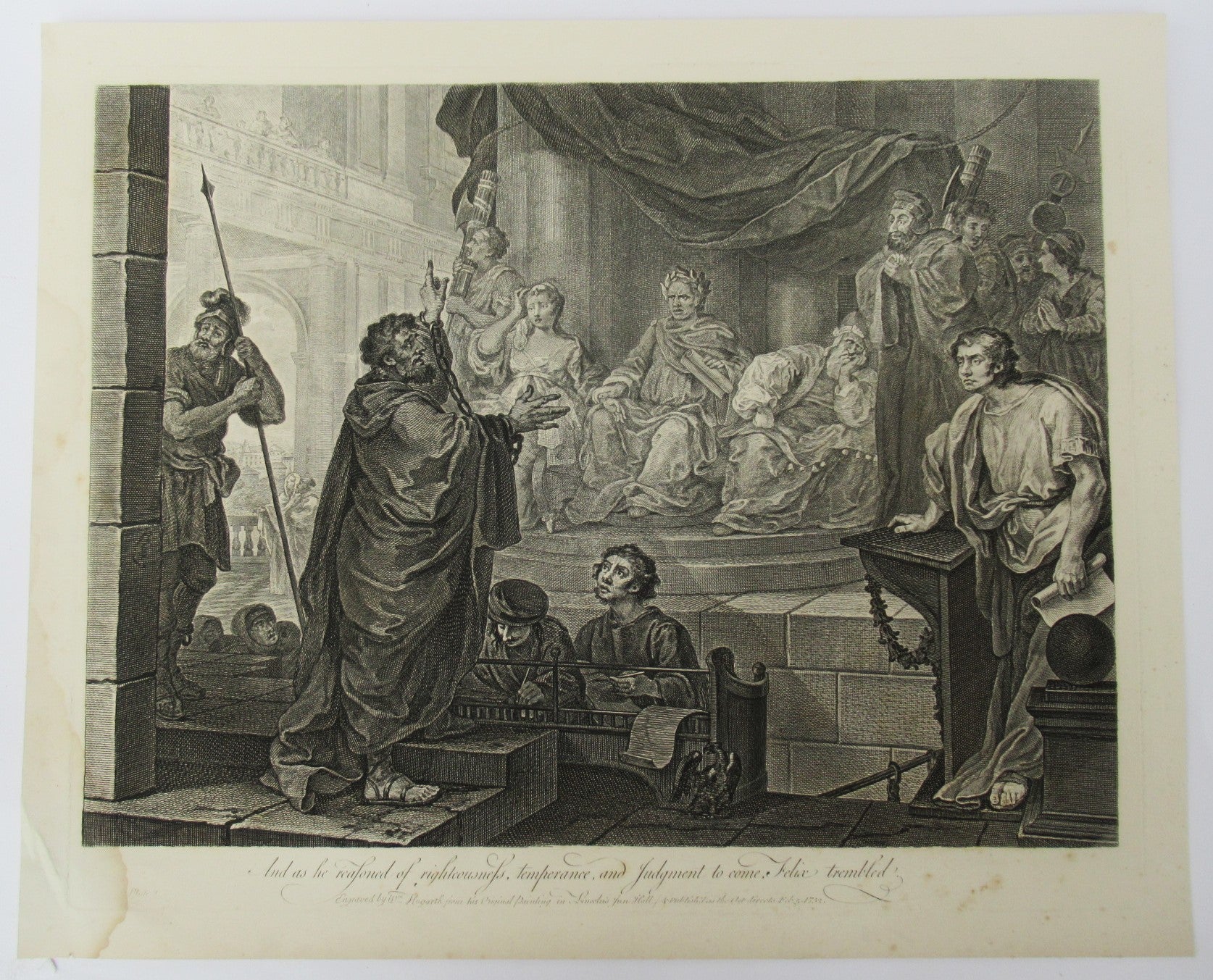 William Hogarth, Paul before Felix, large original print engraved 1752