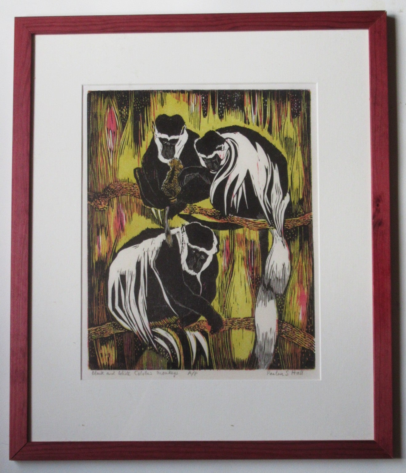 Pauline S Hall SWLA, Colobus Monkeys, woodcut print, artist's proof