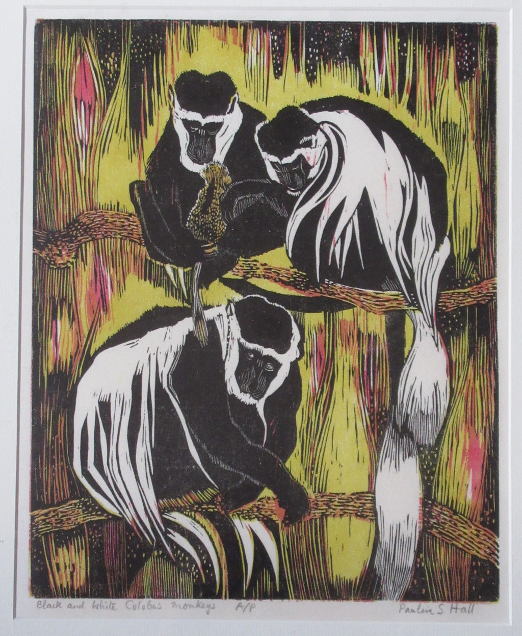 Pauline S Hall SWLA, Colobus Monkeys, woodcut print, artist's proof