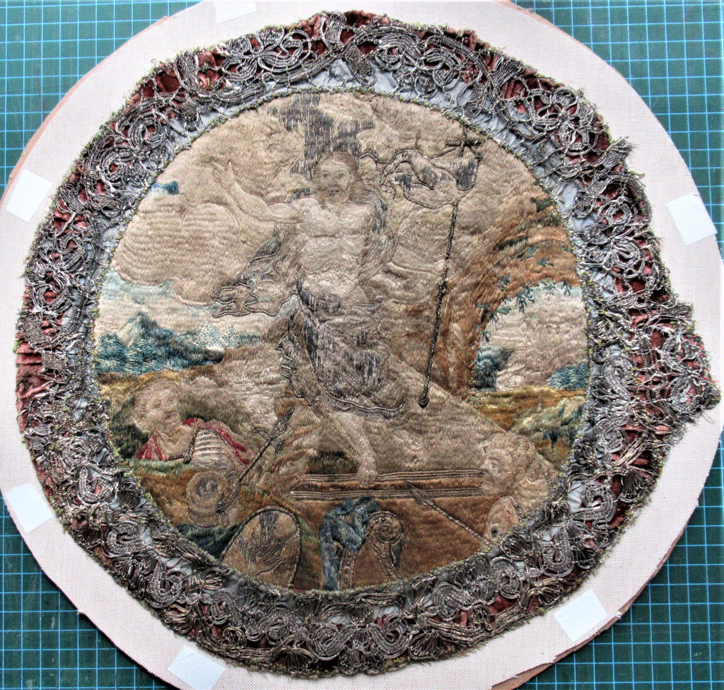 Early 17th century needlework picture, The Resurrection, 19th century frame