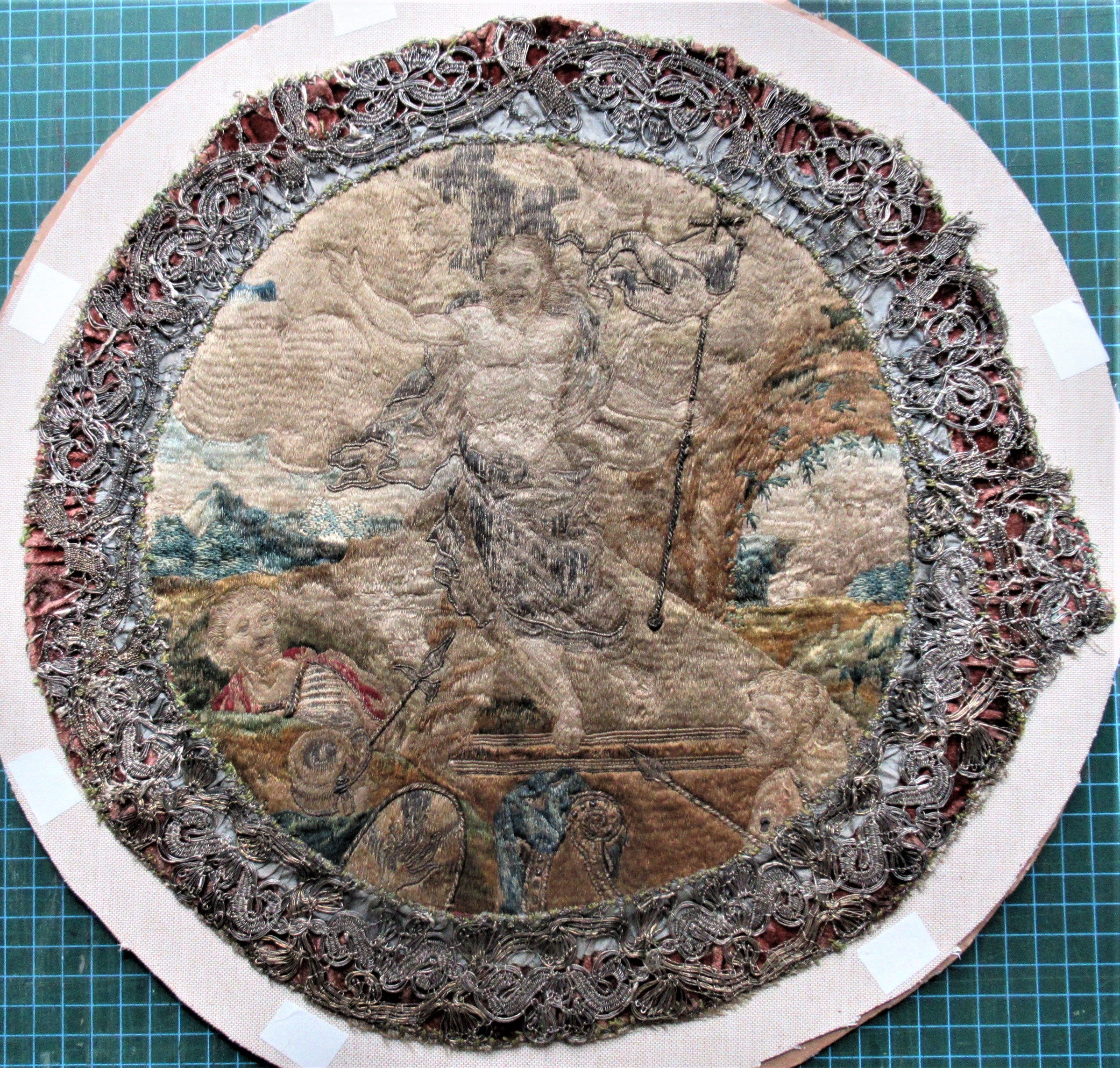 Early 17th century needlework picture, The Resurrection, 19th century frame