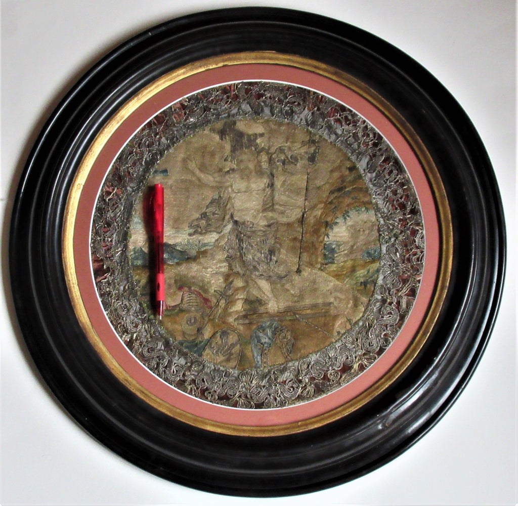 Early 17th century needlework picture, The Resurrection, 19th century frame