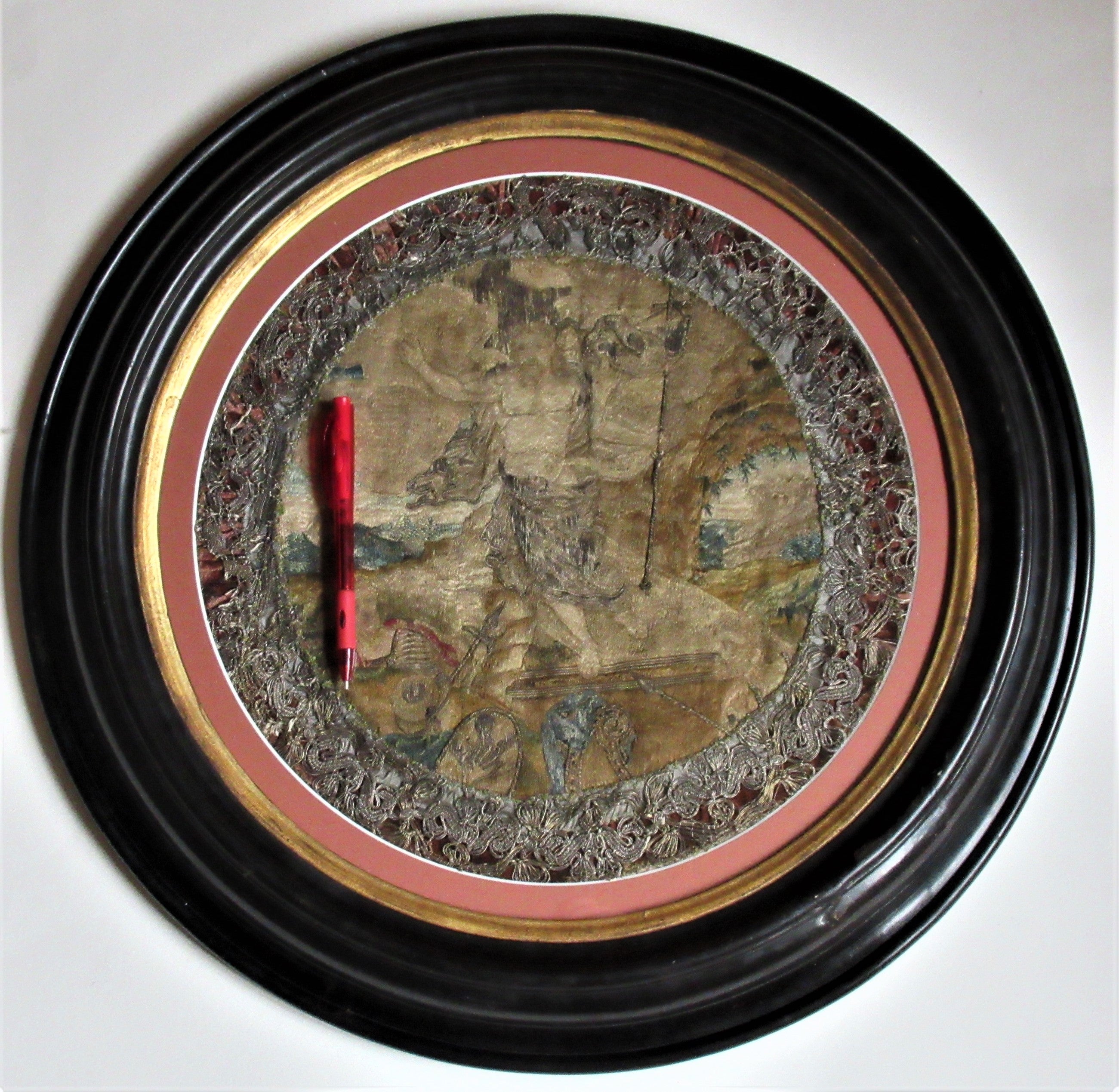 Early 17th century needlework picture, The Resurrection, 19th century frame