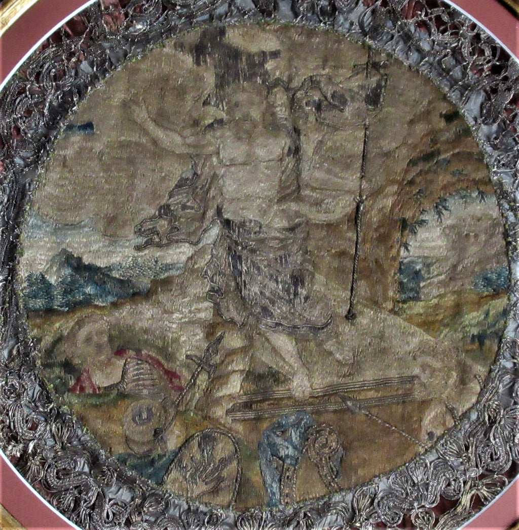 Early 17th century needlework picture, The Resurrection, 19th century frame