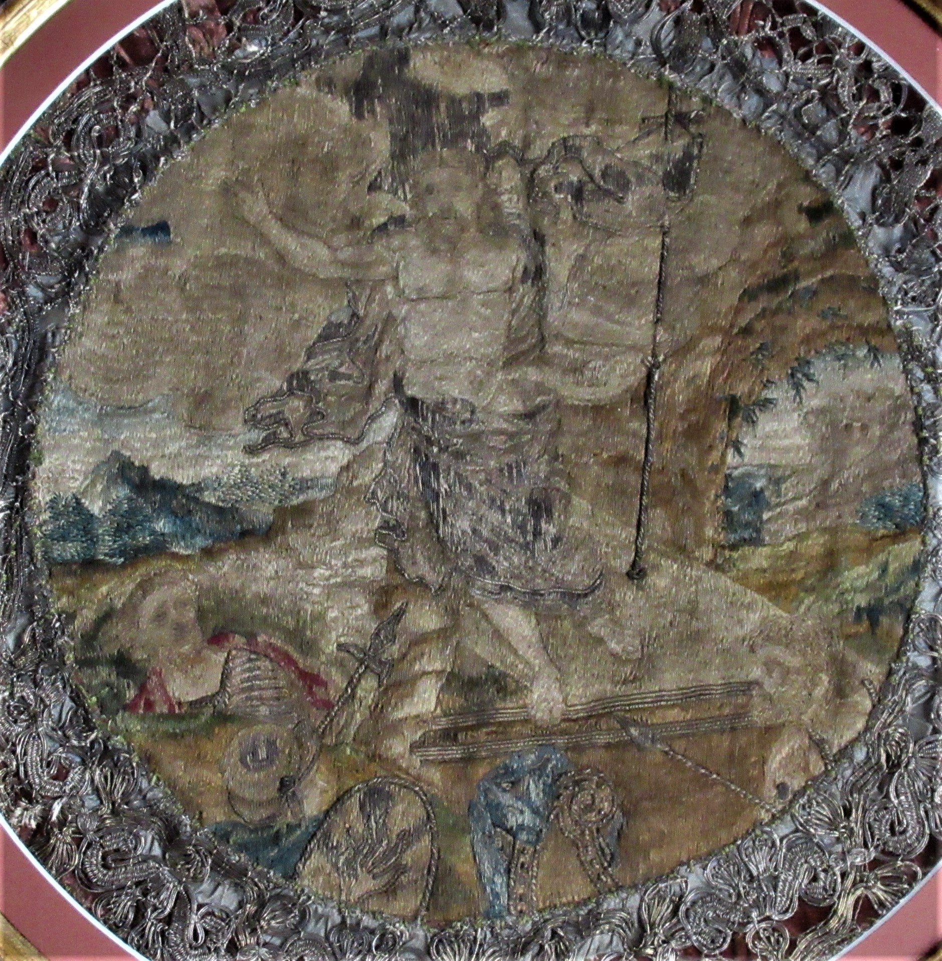 Early 17th century needlework picture, The Resurrection, 19th century frame