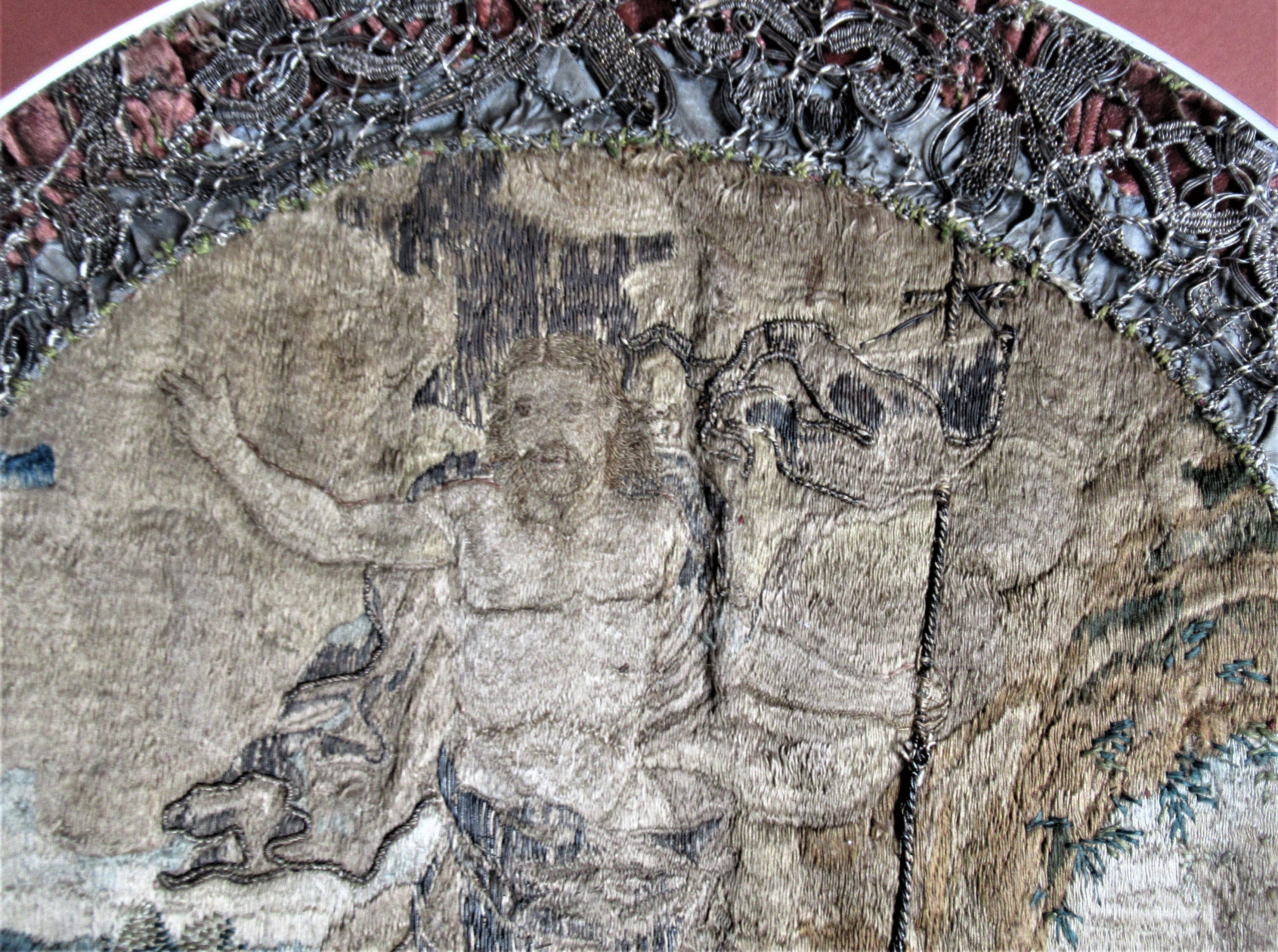 Early 17th century needlework picture, The Resurrection, 19th century frame