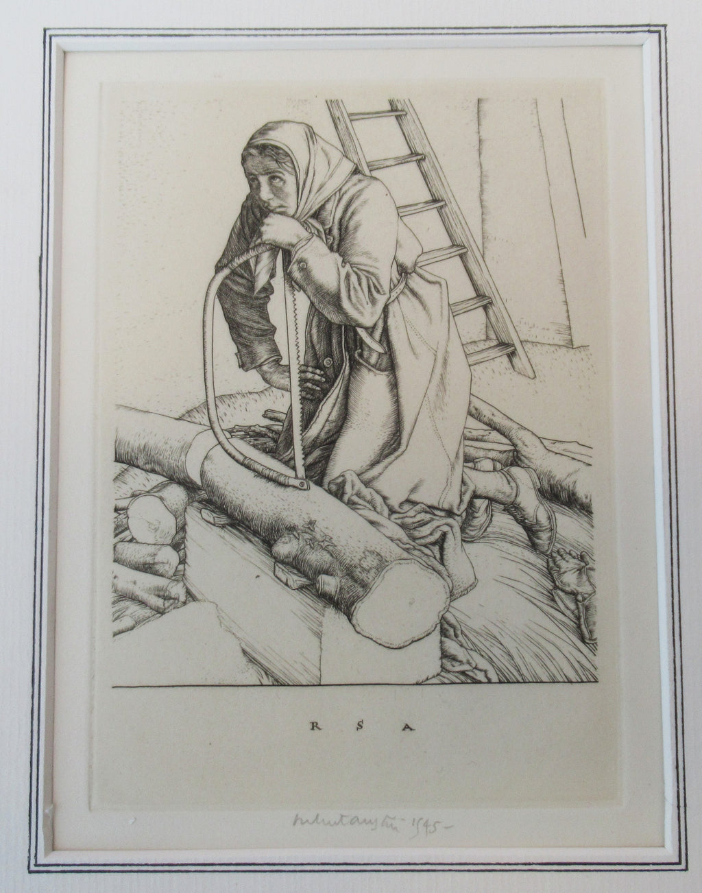 Robert Sargent Austin print, Hero's Widow, 1945 line engraving, signed, framed