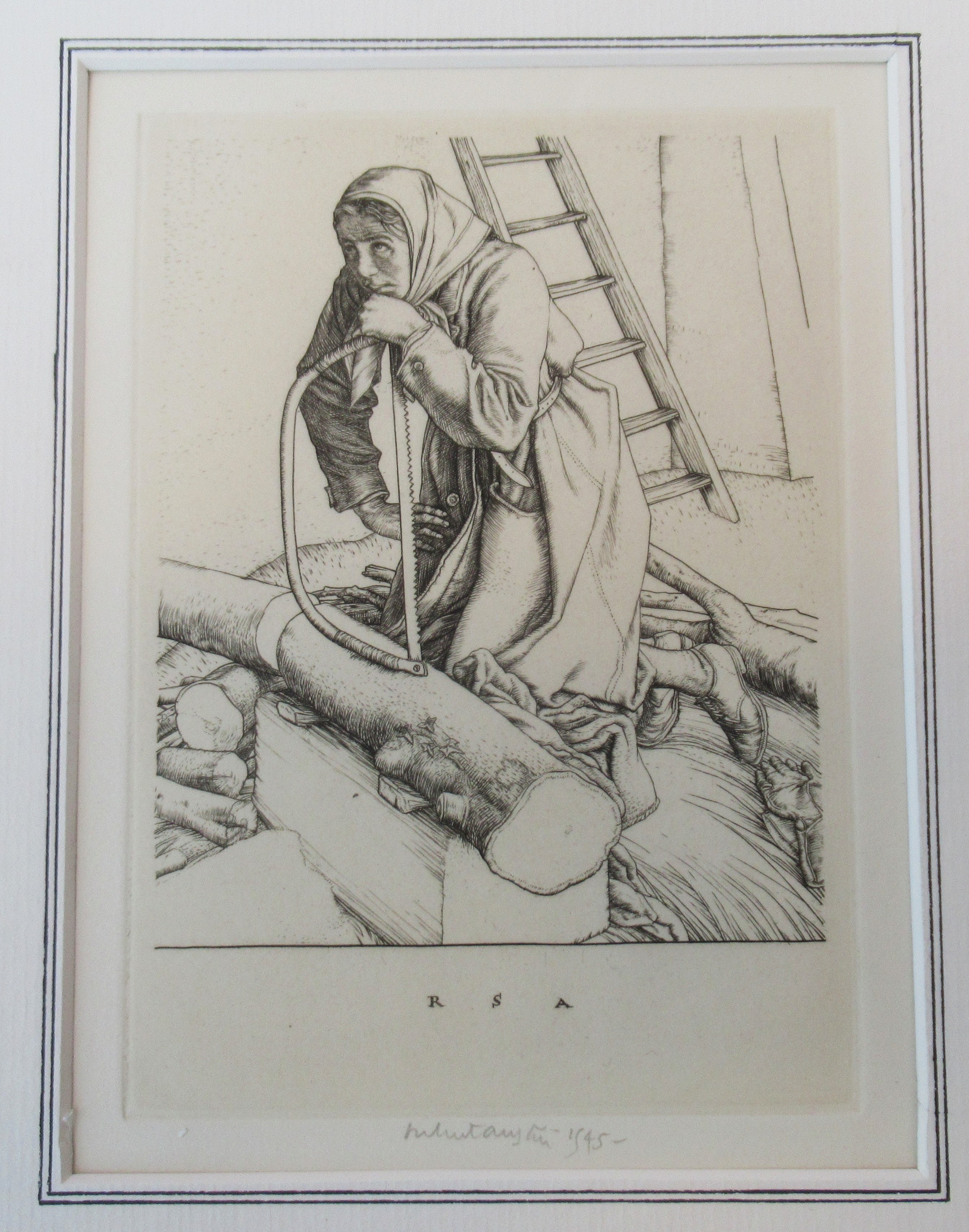Robert Sargent Austin print, Hero's Widow, 1945 line engraving, signed, framed