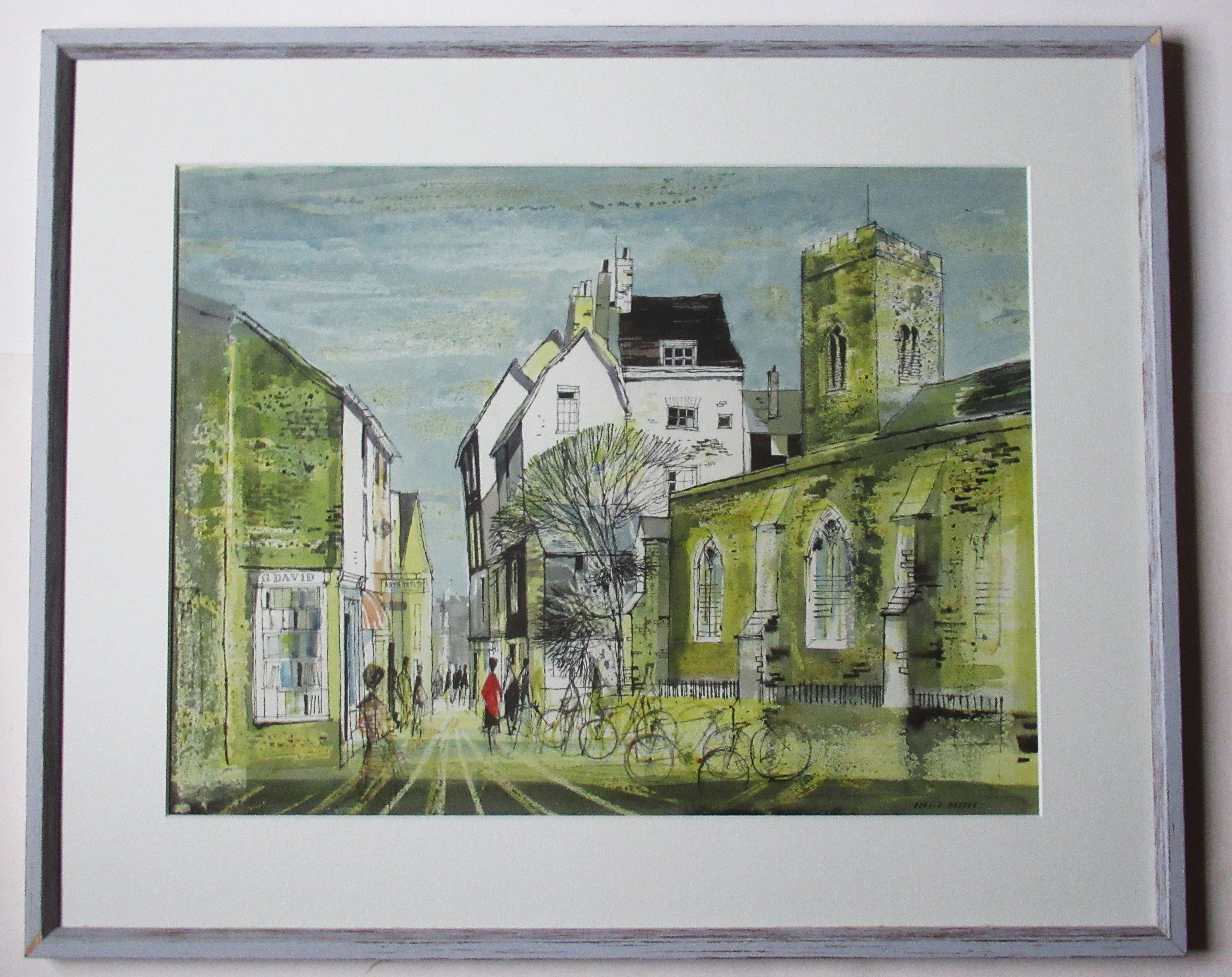 Ronald Maddox. original watercolour, G David's bookshop, Cambridge c1970, framed