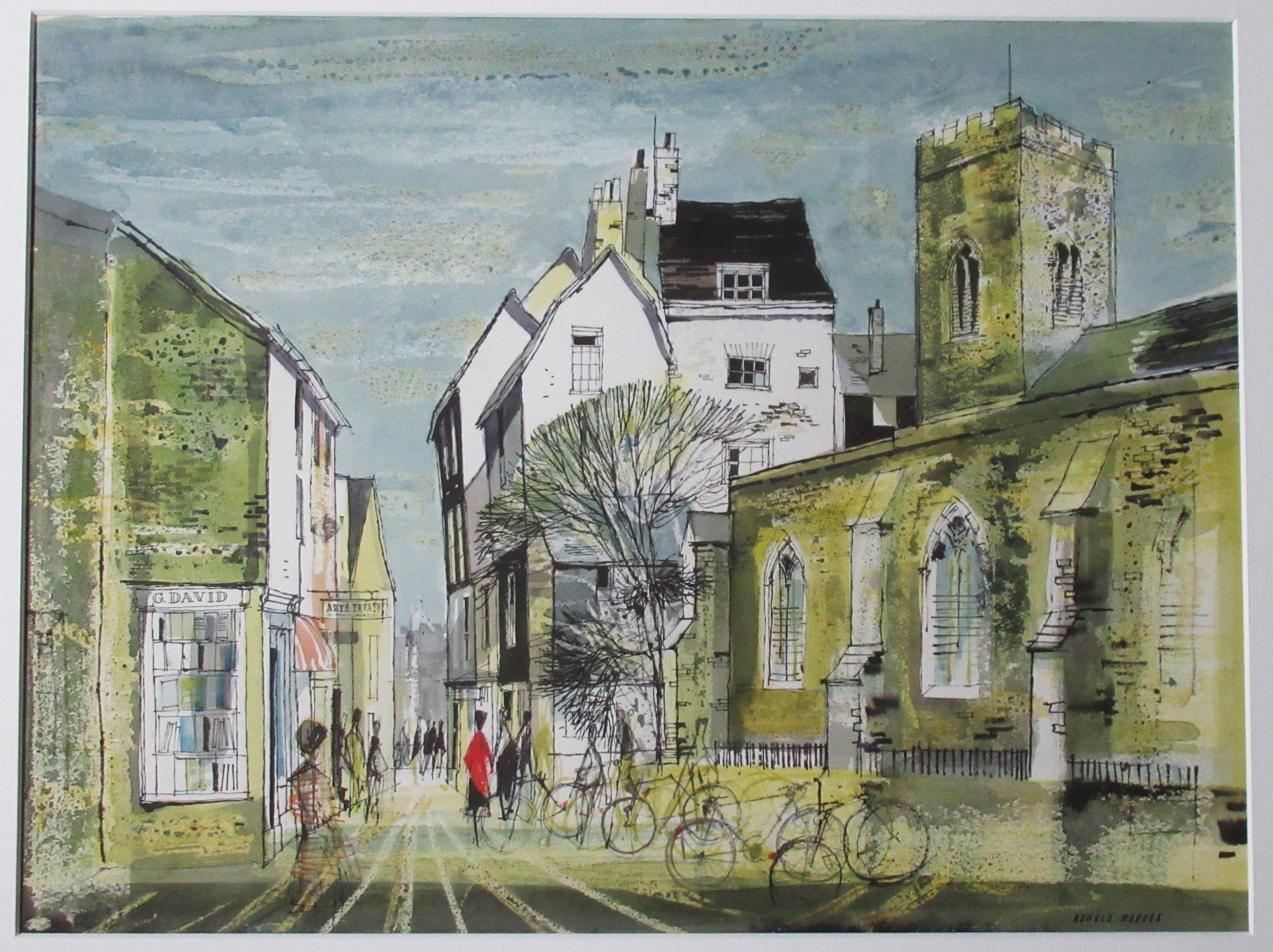 Ronald Maddox. original watercolour, G David's bookshop, Cambridge c1970, framed