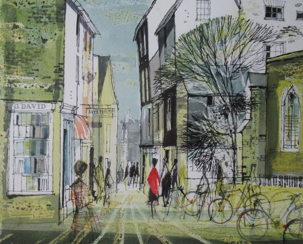 Ronald Maddox. original watercolour, G David's bookshop, Cambridge c1970, framed