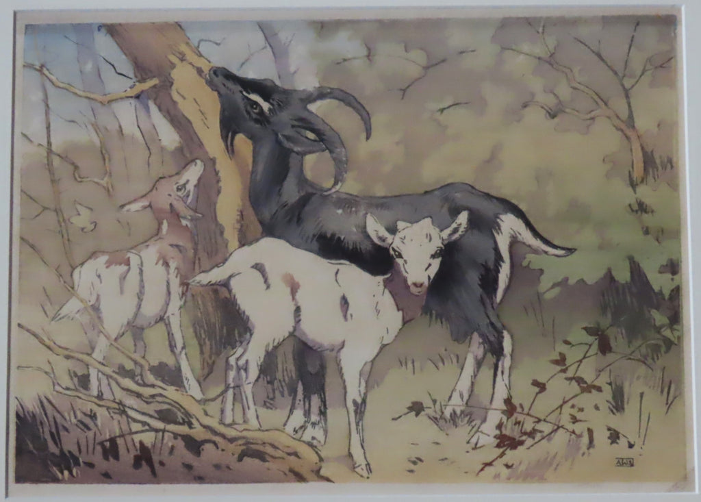 Allen W Seaby (1867-1953) original colour woodcut print, Goat and Kids, c1950