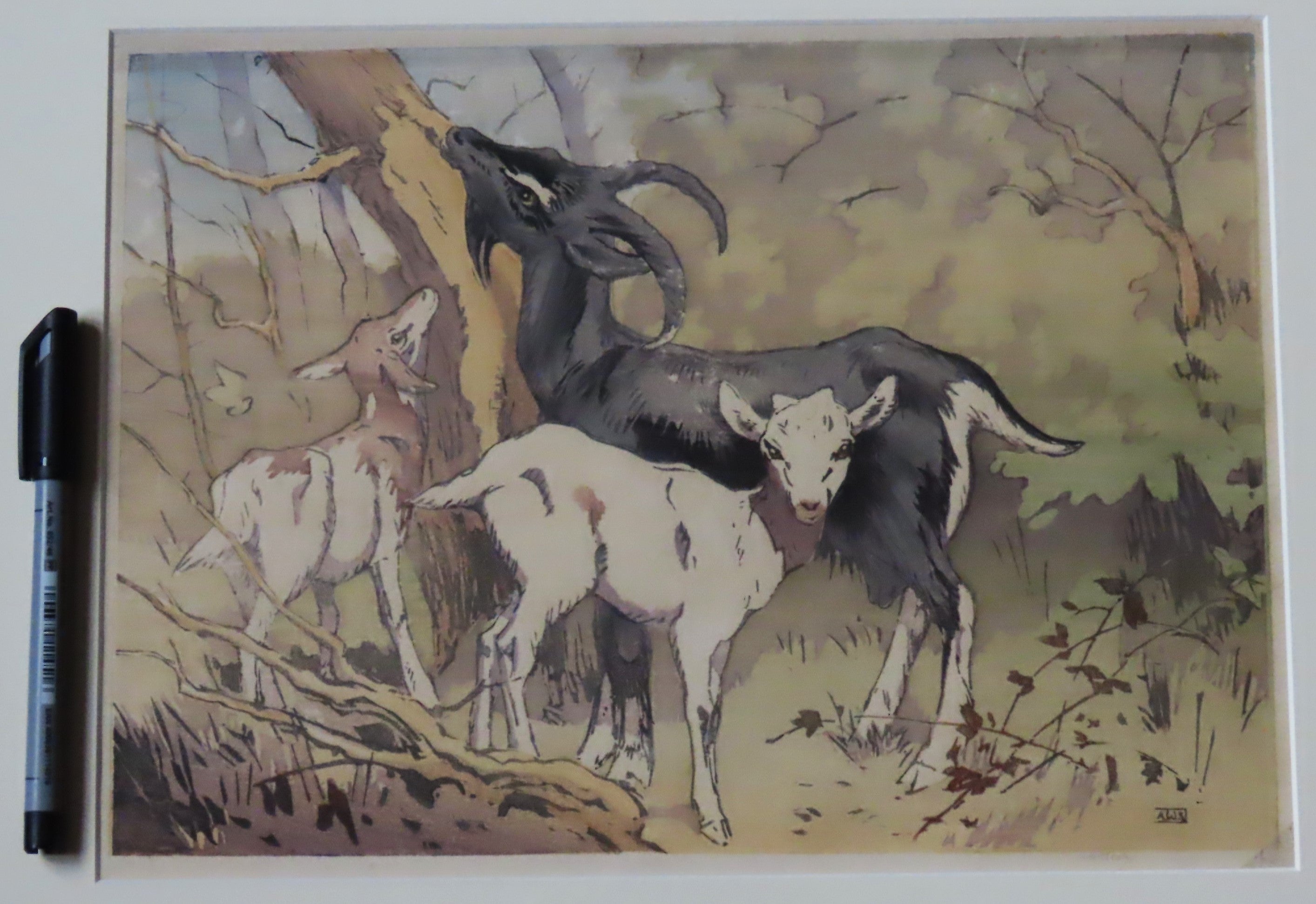 Allen W Seaby (1867-1953) original colour woodcut print, Goat and Kids, c1950
