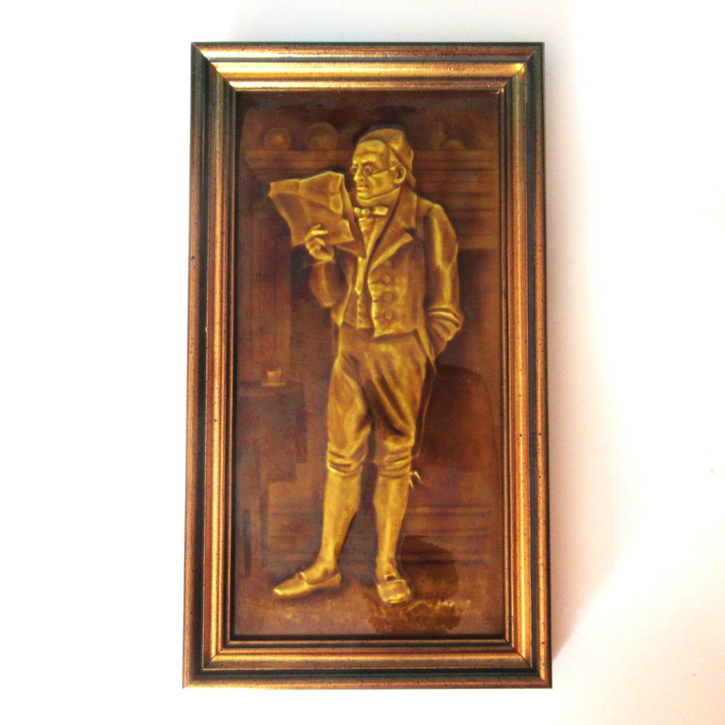 Antique Sherwin & Cotton emaux ombrants "Dickens" tile, M377, framed, c1900