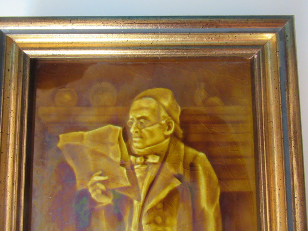 Antique Sherwin & Cotton emaux ombrants "Dickens" tile, M377, framed, c1900