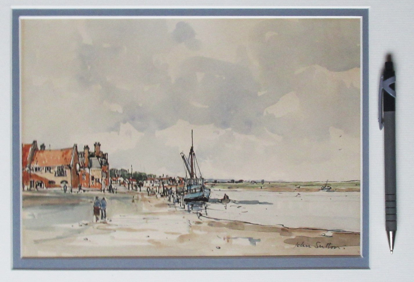 John Sutton, pen ink and watercolour painting, Blakeney Norfolk, c1960, framed