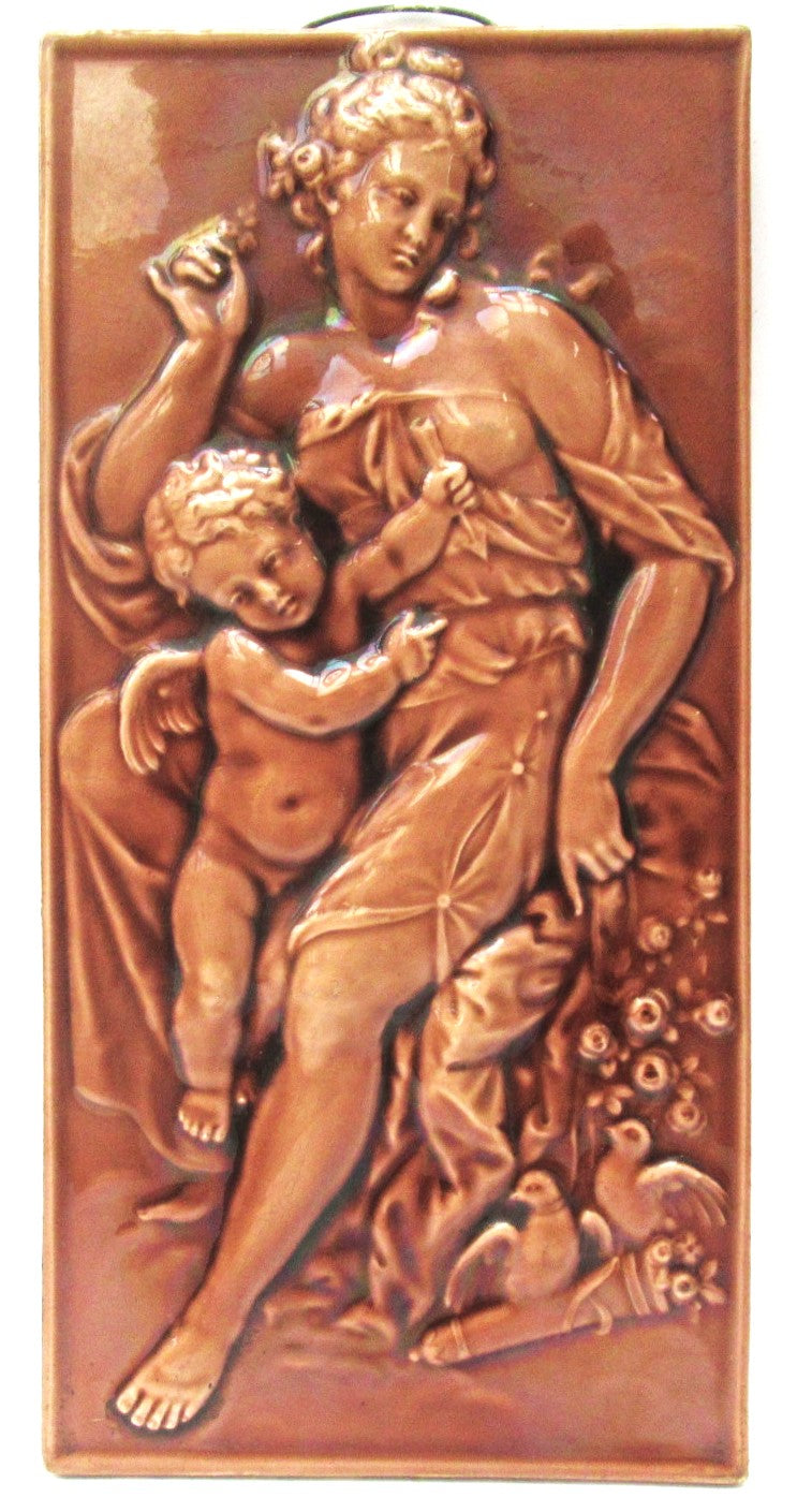 Antique 1901 Mintons 6 x 12 inch relief moulded majolica tile, Venus and Cupid