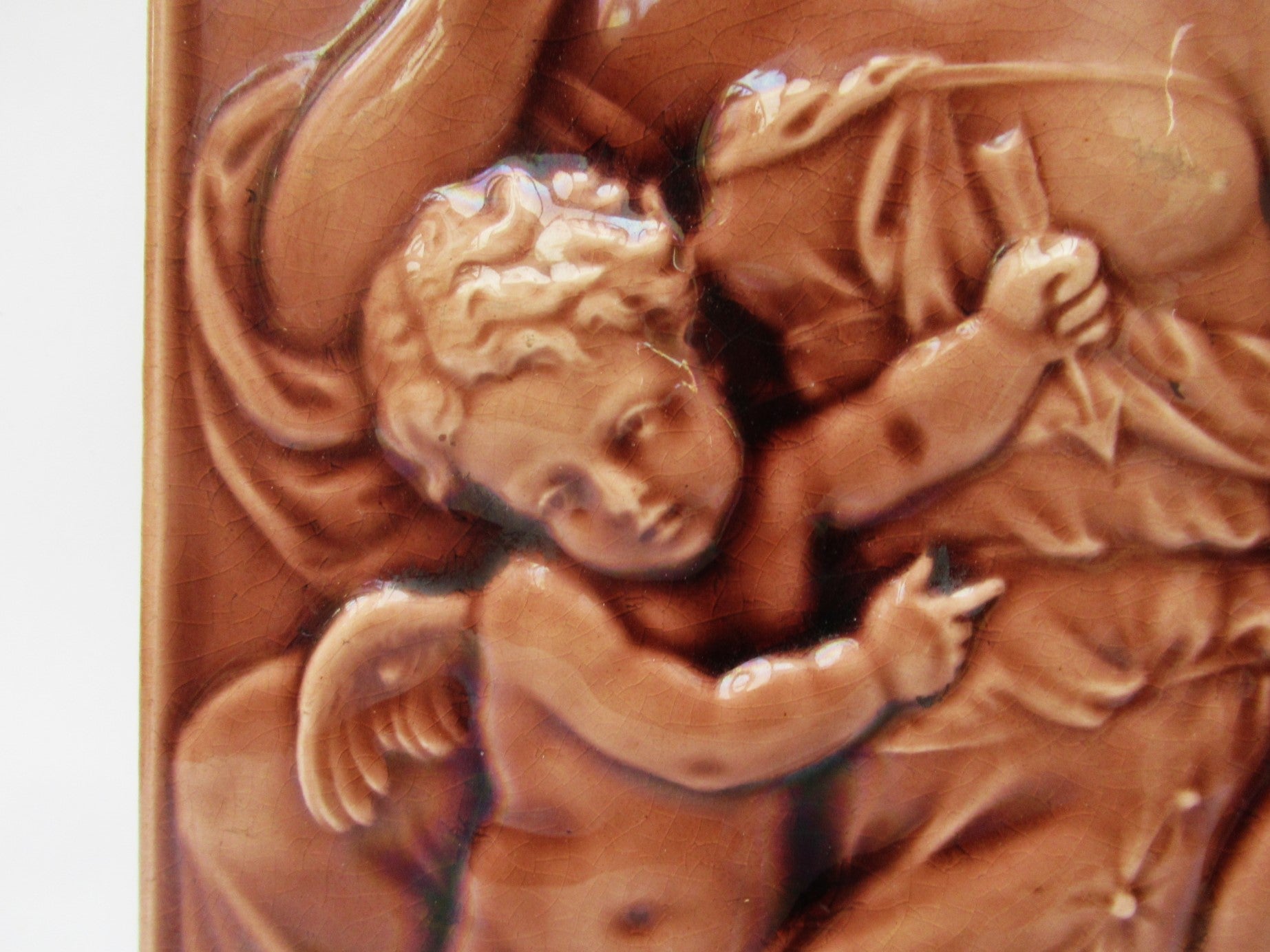Antique 1901 Mintons 6 x 12 inch relief moulded majolica tile, Venus and Cupid