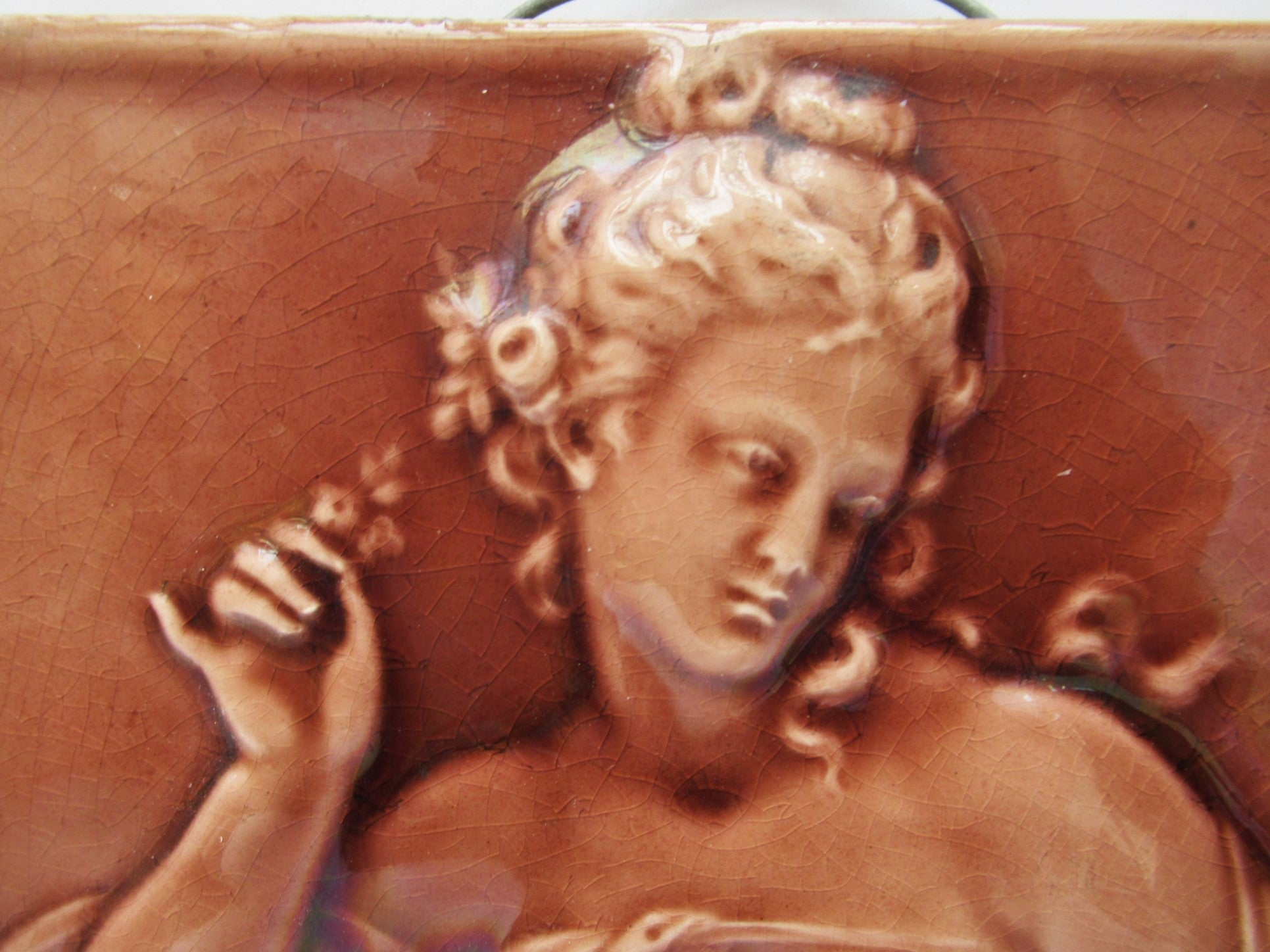 Antique 1901 Mintons 6 x 12 inch relief moulded majolica tile, Venus and Cupid