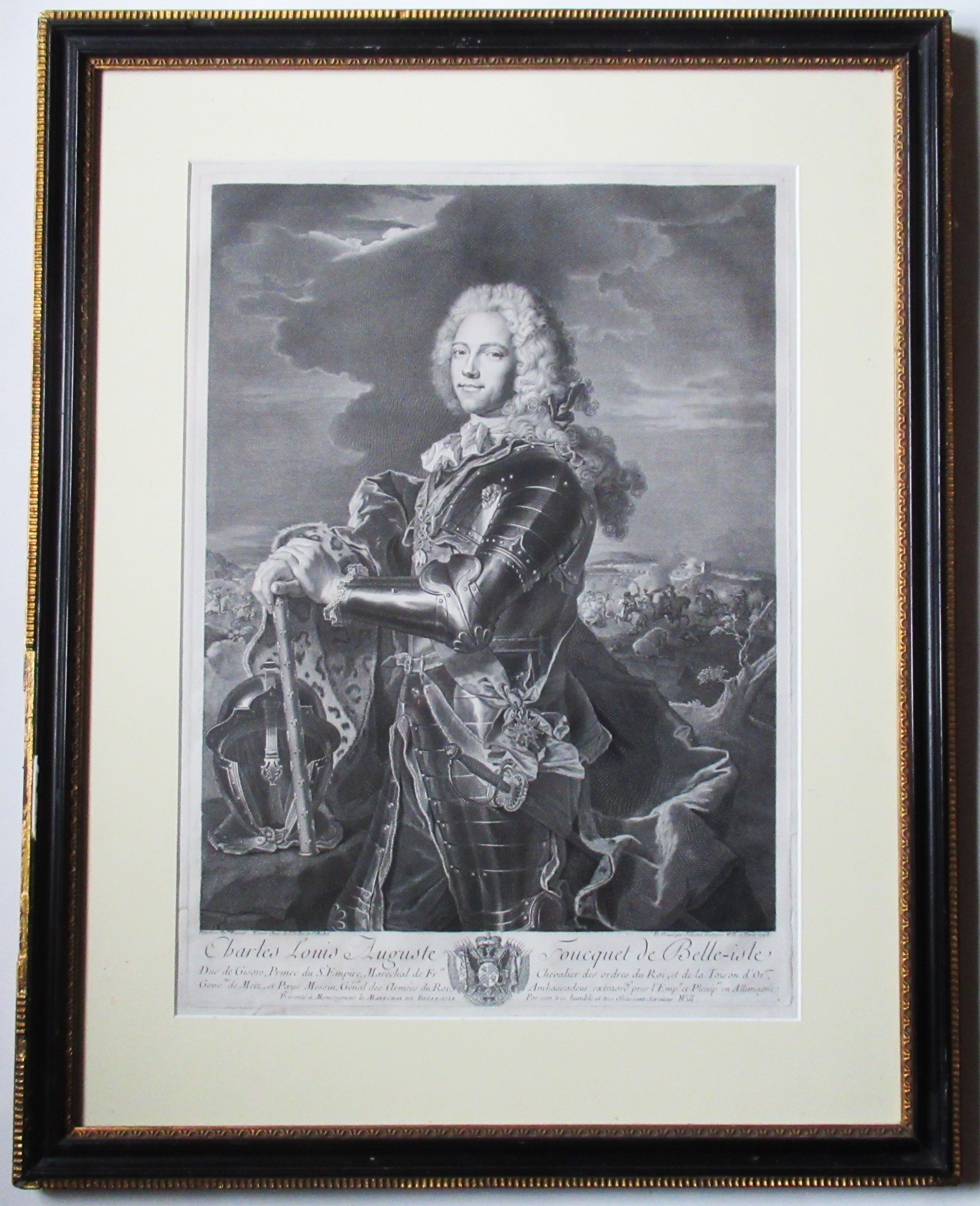 Antique engraved print, Wille/Rigaud, Duke of Belle-Isle 1743 , period frame